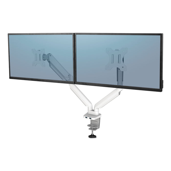 Fellowes Platinum Series Dual Monitor Arm, For 27" Monitors, 360 deg Rotation, 45 deg Tilt, 180 deg Pan, White, Supports 20 lb