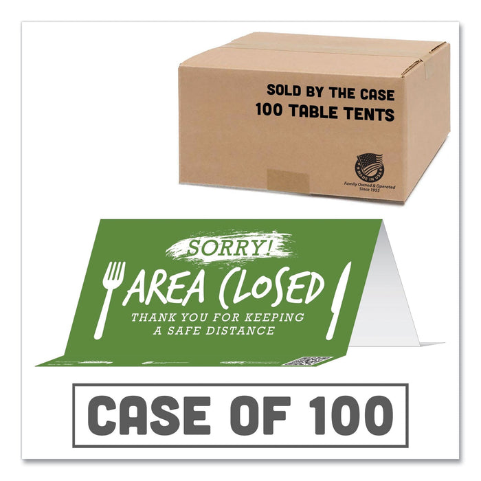 Tabbies BeSafe Messaging Table Top Tent Card, 8 x 3.87, Sorry! Area Closed Thank You For Keeping A Safe Distance, Green, 100/Carton