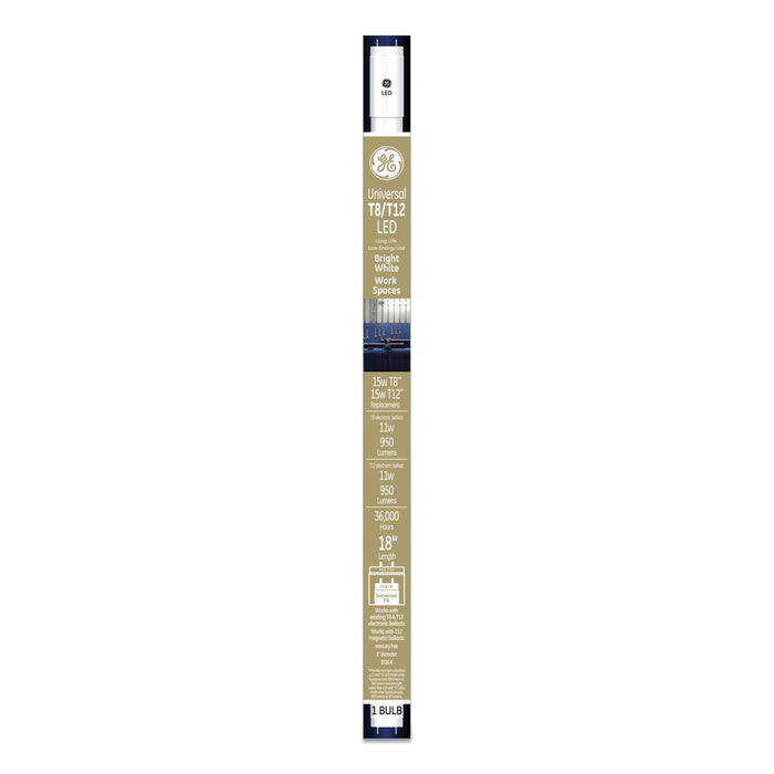 GE 18" T8/T12, 15 W, T8 Tube, Bright White, 6/Carton