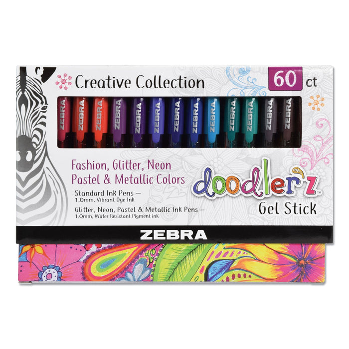 Zebra Doodler'z Gel Pen, Stick, Bold 1 mm, Assorted Ink and Barrel Colors, 60/Pack