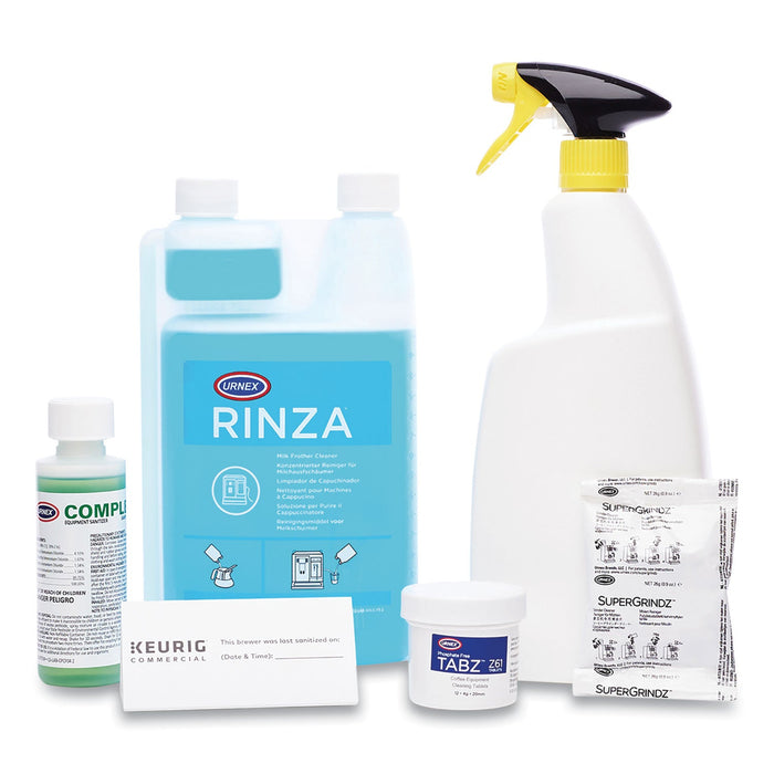 Keurig Bean to Cup Brewer Deep Cleaning Kit, 4oz Complete Cafe, (3) 32oz Rinza, (12)Tabz Z61, (3) SuperGrindz A01, Spray Bottle