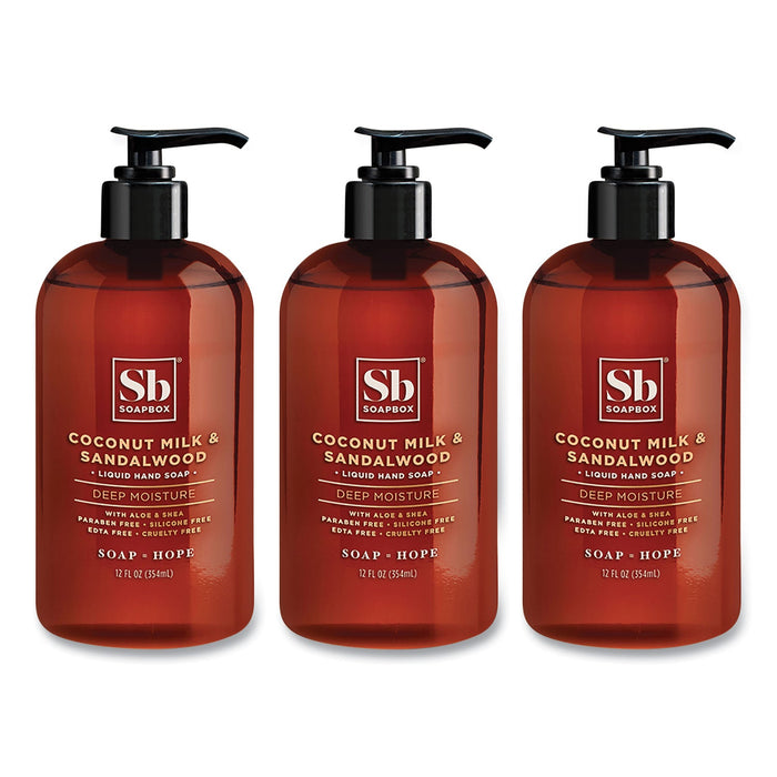 Soapbox Hand Soap, Coconut Milk and Sandalwood, 12 oz Pump Bottle, 3/Box