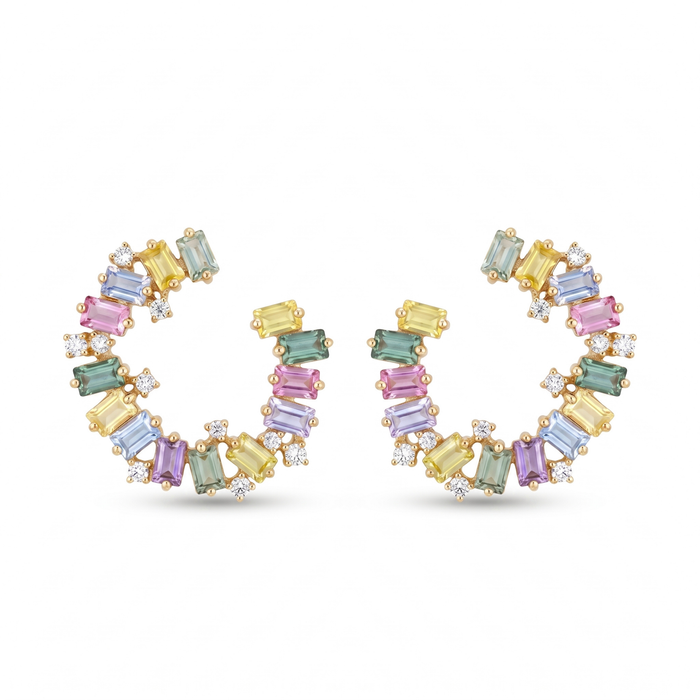 IGI Certified 3.34 Ct Multi Color Unheated Sapphire and Diamond 14K Yellow Gold Half Curved Hoop Earrings by Fine Color Jewels