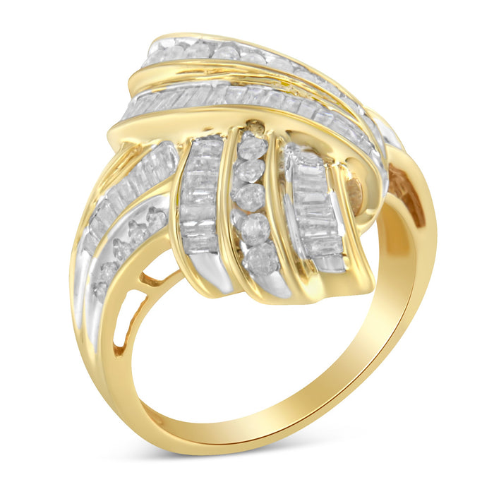 10K Yellow Gold Plated .925 Sterling Silver 1.0 Cttw Round & Baguette Diamond Knot Channel Statement Ring (I-J Color, I2-I3 Clarity) - Size 6 by Bids.com