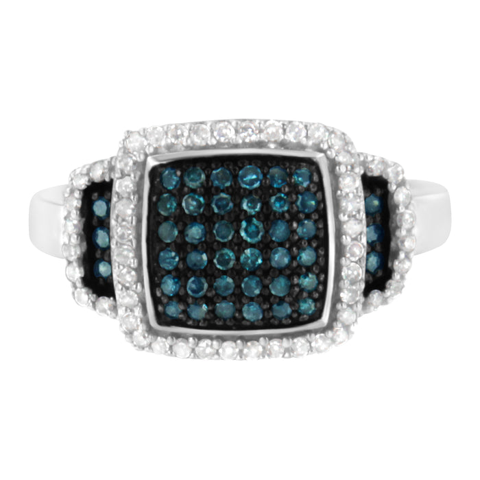 Black Rhodium Plated .925 Sterling Silver 1/2 Cttw White & Blue Diamond Square Halo Cocktail Ring (Fancy Blue & H-I Color, I2-I3 Clarity) - SIze 6 by Bids.com