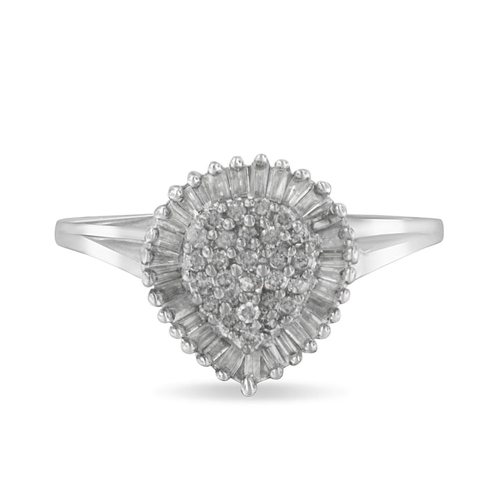 10K White Gold 1/2 Cttw Round & Baguette Cut Diamond Pear Shaped Domed PavÃ© Cluster with Halo Cocktail Ring (H-I Color, SI1-SI2 Clarity) - Size 5 by Bids.com