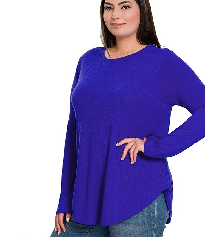 Long Sleeve Round Neck & Hem Top - Bright Blue by Boutique 23
