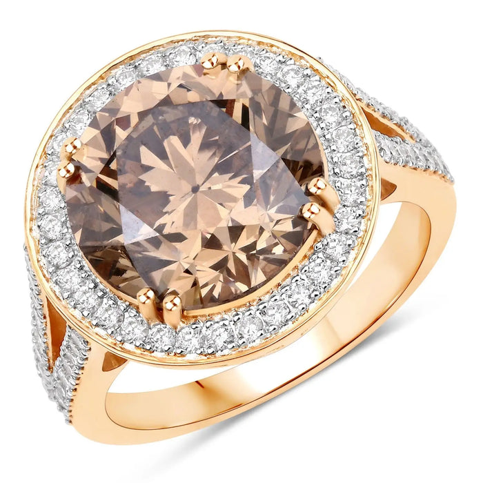 7.07 Ct Genuine Round Brown Diamond 18K Yellow Gold Pave Halo Ring by Fine Color Jewels