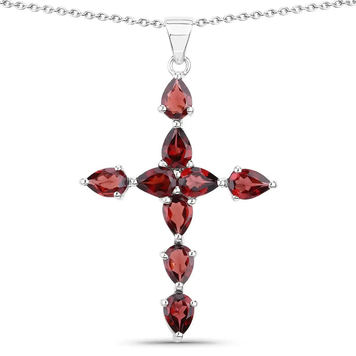 7.11 Ct Pear Red Garnet Prong Silver Cross Pendant Necklace by Fine Color Jewels