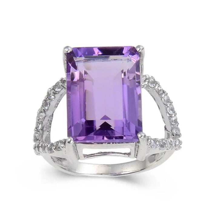 7.23 Ct Octagon Purple Amethyst and White Topaz Prong Silver Statement Ring by Fine Color Jewels