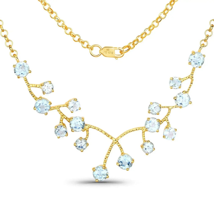 7.36 Ct Round Sky Blue Topaz Prong 18K Gold Plated Silver BIB Rolo Chain Necklace by Fine Color Jewels