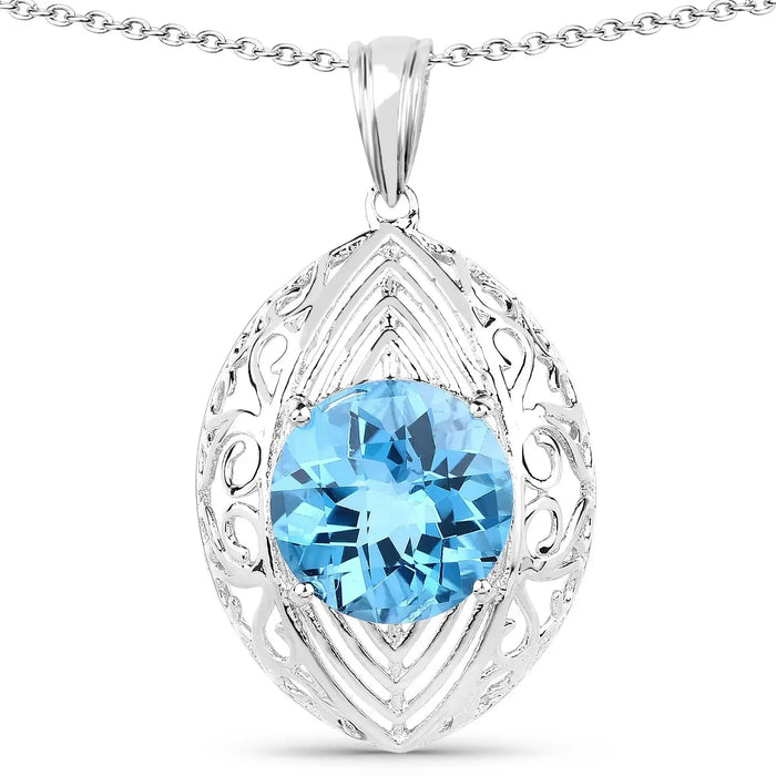 7.50 Ct Round Swiss Blue Topaz Prong Silver Solitaire Pendant Necklace by Fine Color Jewels