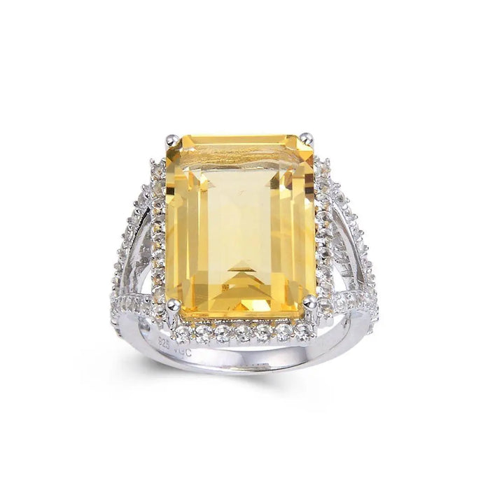 7.71 Ct Octagon Yellow Citrine and White Topaz Prong Silver Statement Ring by Fine Color Jewels