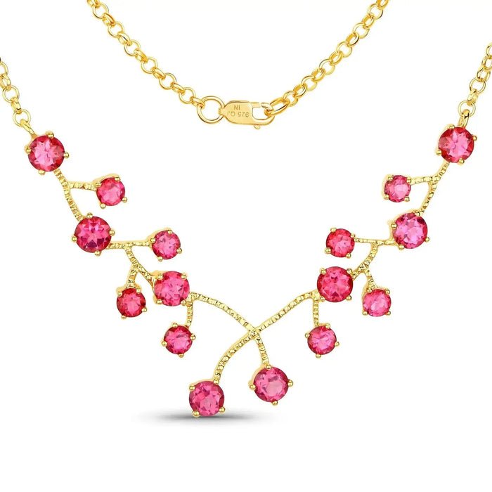 7.92 Ct Round Pink Topaz Prong 18K Gold Plated Silver BIB Rolo Chain Necklace by Fine Color Jewels