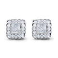 14K White Gold 1.0 Cttw Round Brilliant & Princess Cut Diamond Scallop-Edge Framed Square Halo Stud Earrings (G-H Color, SI1-SI2 Clarity) by Bids.com