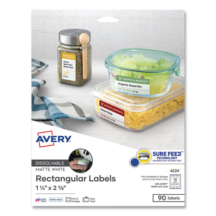 Avery White Dissolvable Labels w/ Sure Feed, 1.25 x 2.38, White, 90/PK