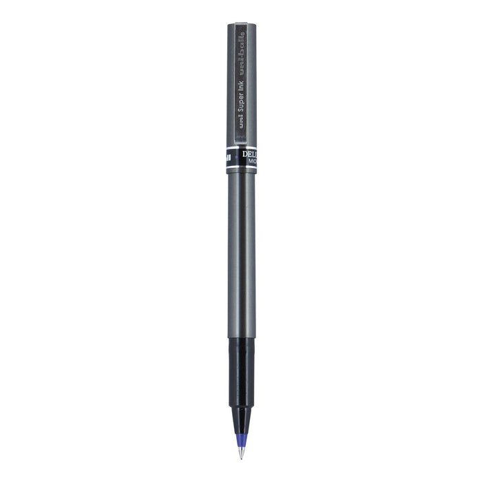 uniball Deluxe Roller Ball Pen, Stick, Micro 0.5 mm, Blue Ink, Metallic Gray Barrel, Dozen