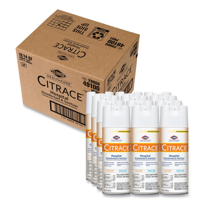 Clorox Citrace Hospital Disinfectant and Deodorizer, Citrus, 14 oz Aerosol Spray, 12/Carton
