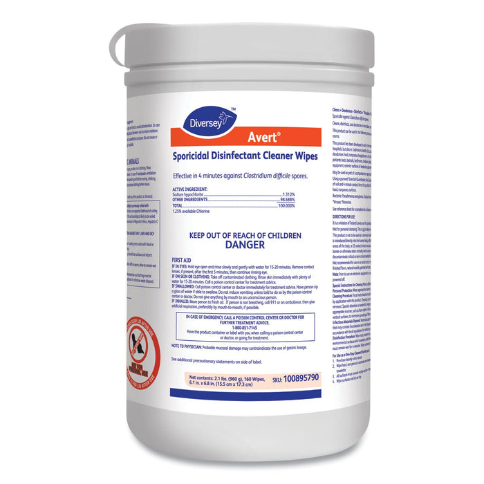 Diversey Avert Sporicidal Disinfectant Cleaner Wipes, 6 x 7, Chlorine Scent, 160/Canister, 12/Carton