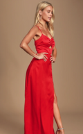 Lulus Renata Red Print Satin Maxi Dress, Size Medium by Vanessa Jane