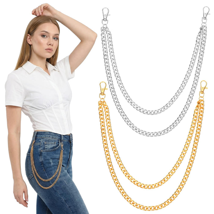 RAHHLIZS 2PCS Double Layer Pants Chain for Men Women, Gold Silver Metal Jeans Wallet Chain with Clip, Hip Hop Punk Biker Pocket Belt Accessory