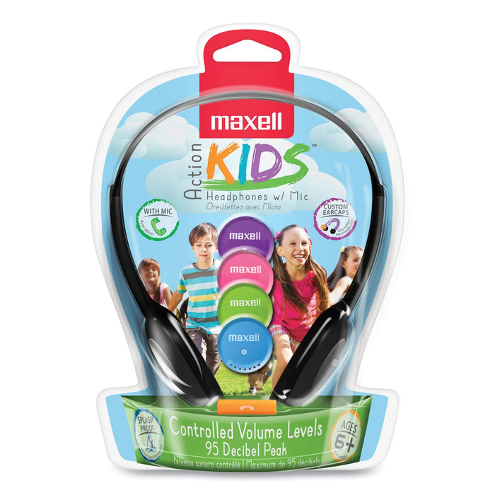 Maxell Kids Safe Headphones with Inline Microphone, 4 ft Cord, Black with Interchangeable Pink/Blue/Silver Caps