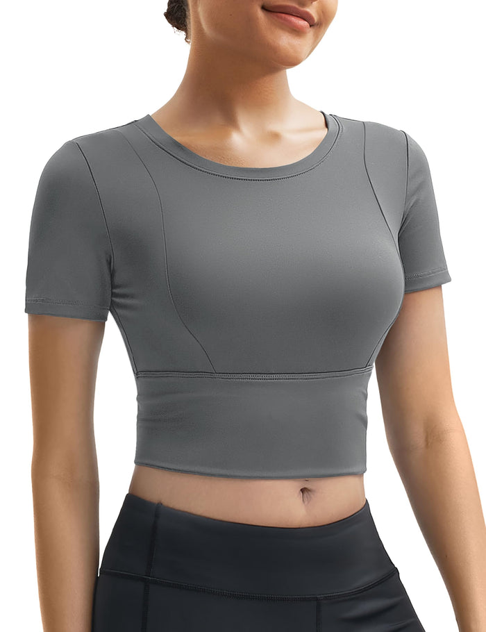 MAGCOMSEN Womens Crop Workout Top Yoga Athletic Short Sleeve Gray Size XS by Deal US