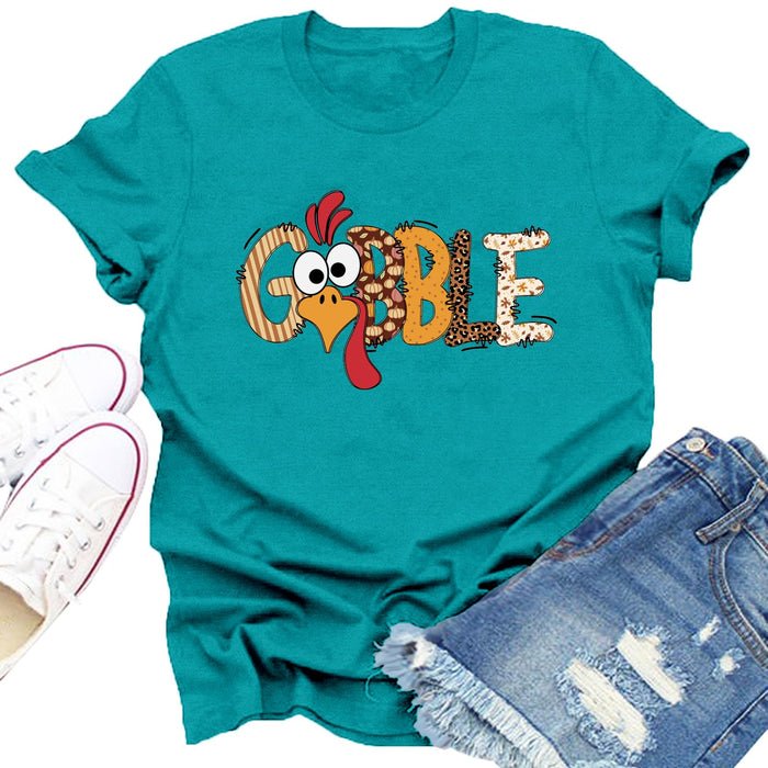 Dabon Thanksgiving Turkey Leopard Letter Print Tee Tops Cyan Size XL by Deal US