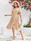 Febriajuce Women's Summer Wrap Maxi Dress V Neck Ruffle Hem Champagne Size S by Deal US