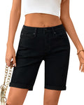 OFLUCK Women's Mid Rise Roll Cuff Stretch Denim Bermuda Shorts Dark Blue Size 10 by Deal US