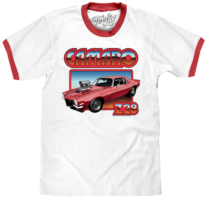 70s Chevrolet Camaro Z28 Ringer T-Shirt - White/Red by Tee Luv