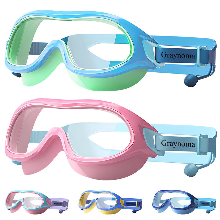 Graynoma Swim Goggles 2 Packs with Earplugs UV Protection Green Pink Size 10-18 by Deal US