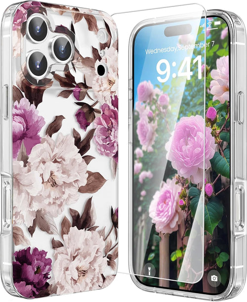Floral Pattern Case for iPhone 17 Pro 6.3" Rose Shockproof Clear Hard Back Cover by Merch Section