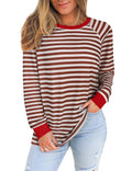 Misyula Style Plus Size Striped Crewneck Sweatshirt Red Brown Size XXL by Deal US