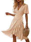 Febriajuce Women's Summer Wrap Maxi Dress V Neck Ruffle Hem Champagne Size S by Deal US
