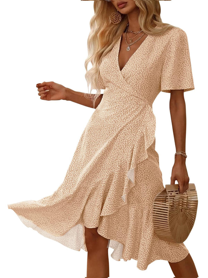 Febriajuce Women's Summer Wrap Maxi Dress V Neck Ruffle Hem Champagne Size S by Deal US