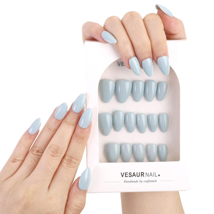 KBS Designer Handmade Press On Nails Blue Short French Tip Almond 16 Sizes Kit by Deal US