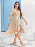 Febriajuce Women's Summer Wrap Maxi Dress V Neck Ruffle Hem Champagne Size S by Deal US