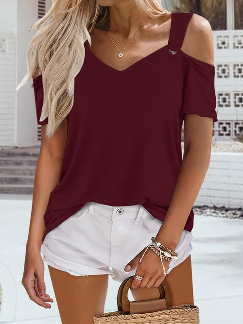 Bellcoco Womens Cold Shoulder V Neck Red Blouse Top XL by Deal US