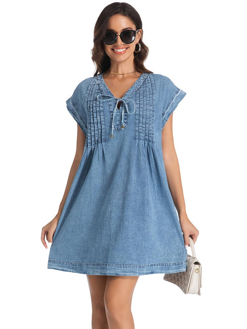 LIUSHIQI Womens Denim Romper V Neck Tie Front Pockets Blue Size S by Deal US