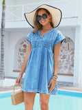 LIUSHIQI Womens Denim Romper V Neck Tie Front Pockets Blue Size S by Deal US