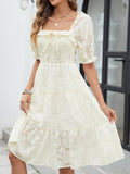 Gardenwed Womens Square Neck Midi Dress Smocked Bodice Puff Sleeves Beige Size M by Deal US