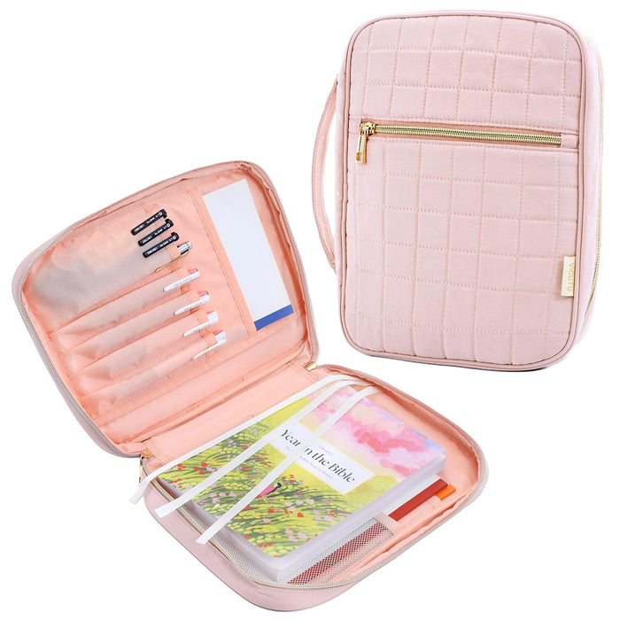 VICUTU Bible Cover Case for Women with Handle Pink Soft Quilted Carrying Bag by Deal US