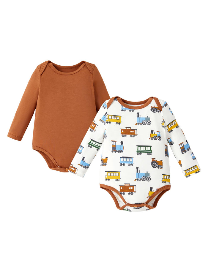PATPAT Baby Boys Bodysuits 2-Pack Long Sleeve Train Print Brown Car Size 18-24M by Deal US