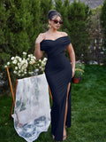 LAGSHIAN Women's Bodycon Off Shoulder Ruched Split Hem Dress Navy Size S by Deal US