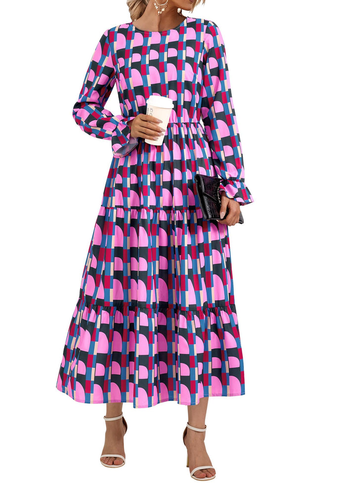 KIRUNDO Womens Spring Long Sleeve Boho Floral Midi Dress Pink Size M by Deal US