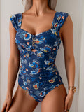 Eomenie Womens One Piece Tummy Control Push Up Wide Strap Navy Blue Print Size M by Deal US