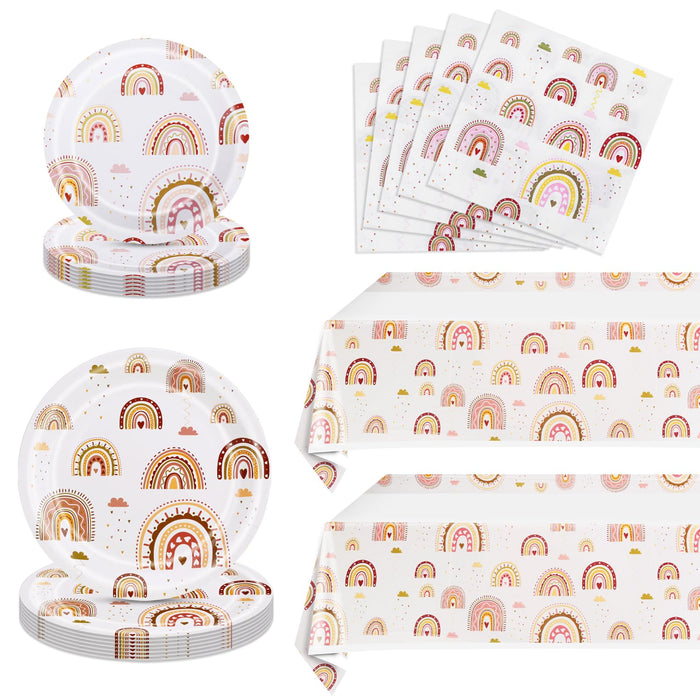 Ryzovo Boho Rainbow Party Supplies 62pcs Paper Plates Napkins Tablecloth by Deal US
