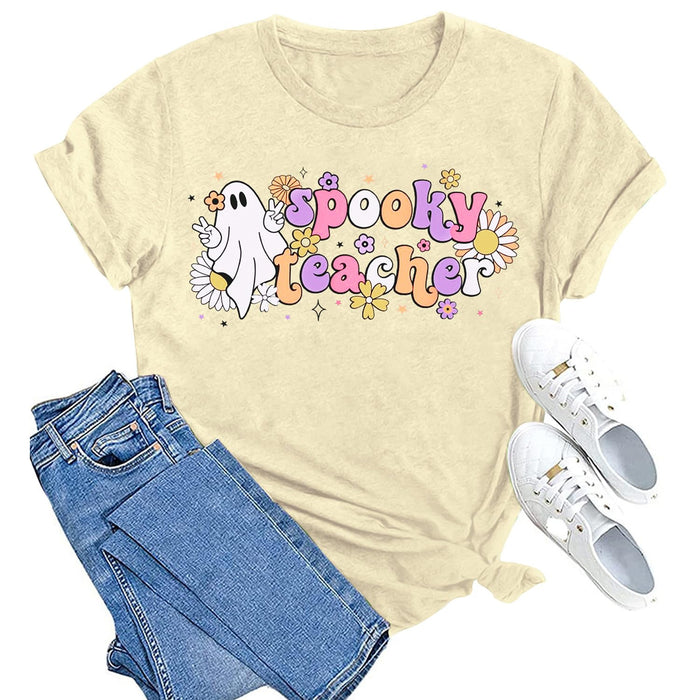 MAIHUN Women's Halloween Teacher Ghost Cartoon T-Shirt Cream Size L by Deal US