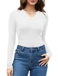 Amoretu Womens Long Sleeve V Neck Henley Ribbed Side Ruched Top White Size L by Deal US